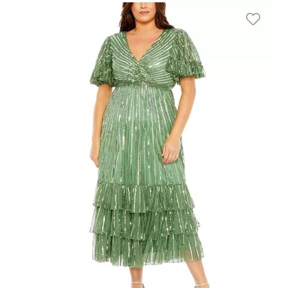 Mac Duggal Beaded Faux Wrap Flutter Sleeve Ruffle Dress NWT - Picture 2 of 9